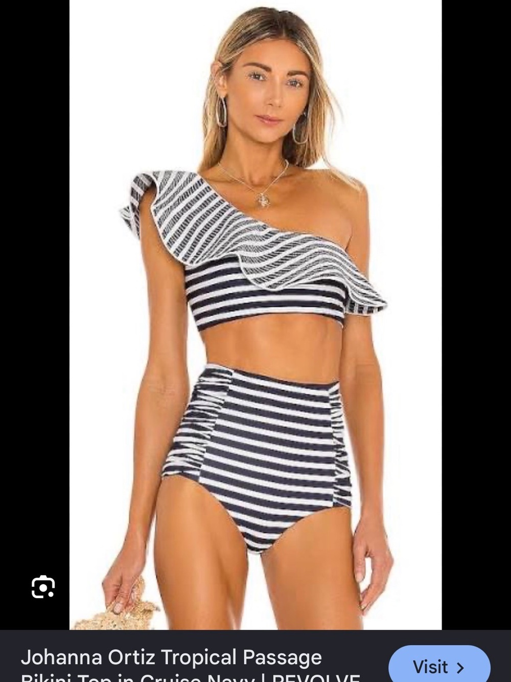 Johanna Ortiz Navy and White Striped One-Shoulder Bikini Set